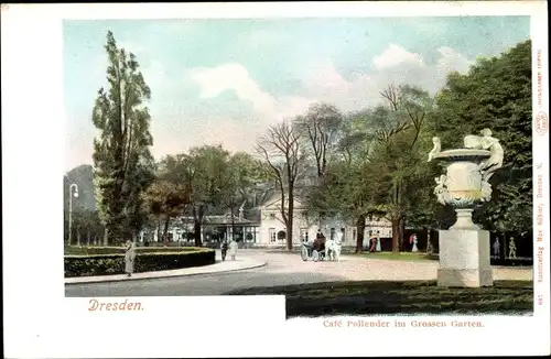 Ak Dresden Altstadt, Cafe Pollender im Großen Garten, Skulptur, Kutsche
