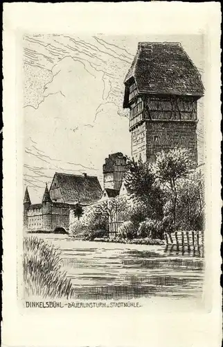 Künstler Ak Dinkelsbühl in Mittelfranken, Bauerlinsturm, Stadtmühle