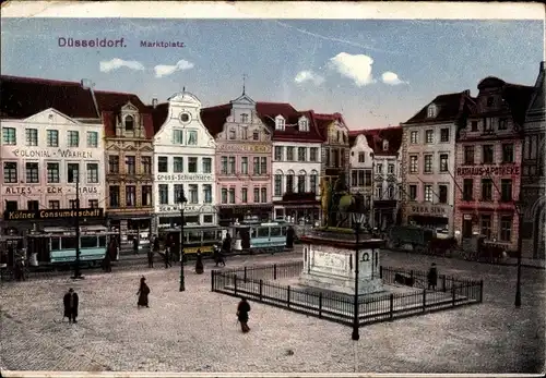 Ak Düsseldorf am Rhein, Marktplatz, Denkmal, Straßenbahn, Rathaus Apotheke