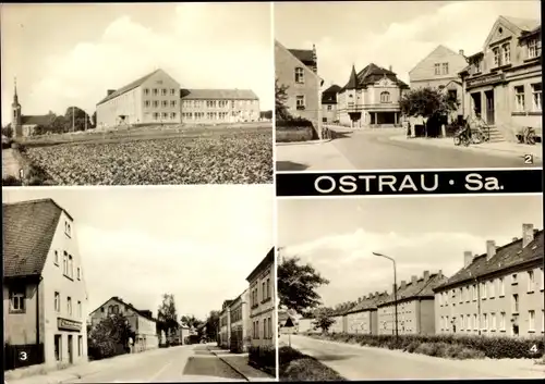 Ak Ostrau in Sachsen, POS Ernst Thälmann, Rosa Luxemburg Platz, Oschatzer Straße, Karl Marx Straße
