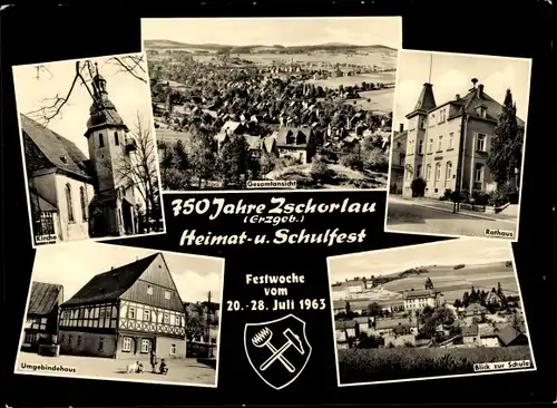 Ak Zschorlau Erzgebirge, Heimat und Schulfest 1963, Gesamtansicht, Rathaus