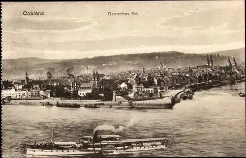 Ak Koblenz am Rhein, Panorama, Deutsches Eck, Dampfer