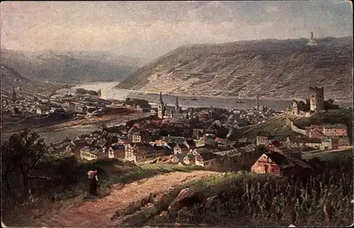 Künstler Ak Astudin, Bingen am Rhein, Gesamtansicht der Stadt