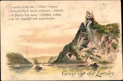 Litho Sankt Goarshausen am Rhein, Loreley, Da unten steht im Wellen-Schoss...