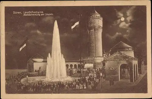 Ak Düren im Rheinland, Leuchtfontaine, Abendstimmung am Cölnplatz, Turm