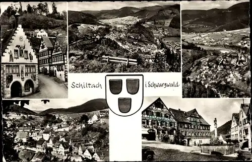 Ak Schiltach im Schwarzwald, Straßenpartie, Platz, Brunnen, Panorama, Fachwerkhäuser