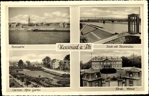 Ak Neuwied am Rhein, Rheinpartie, Deich mit Rheinbrücke, Carmen-Sylva-Garten, Fürstl. Schloss