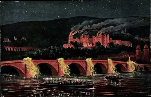 Ak Heidelberg, Schloßbeleuchtung, Nacht, Brücke