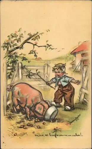 Künstler Ak Bouret, Germaine, Junge mit Schwein
