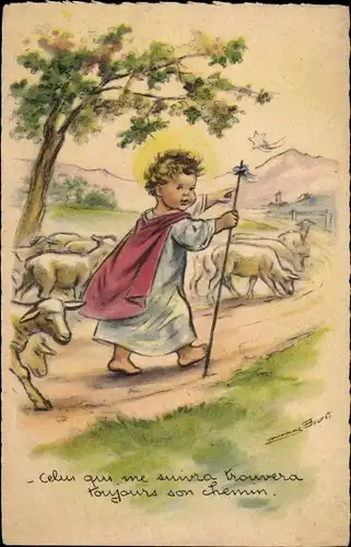Künstler Ak Bouret, Germaine, Junge als Jesus, Hirte, Schafherde