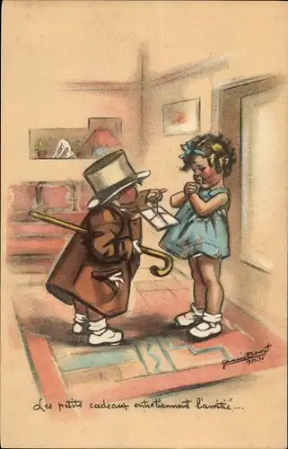 Künstler Ak Bouret, Germaine, Les petits cadeaux, Junge überreicht Mädchen ein Geschenk