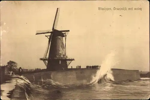 Ak Vlissingen Zeeland Niederlande, Oranjedijk met molen