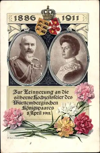 Ak König Wilhelm II. von Württemberg, Marie zu Waldeck und Pyrmont, Silberhochzeit 1911, Wappen