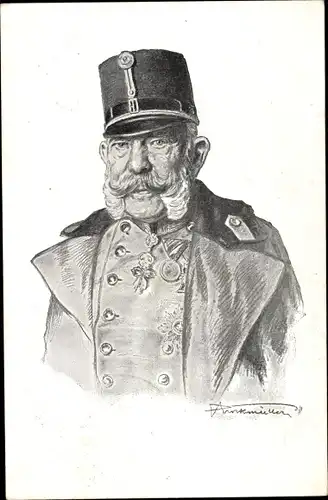 Künstler Ak Kaiser Franz Joseph I., Uniform, Helm, Mantel