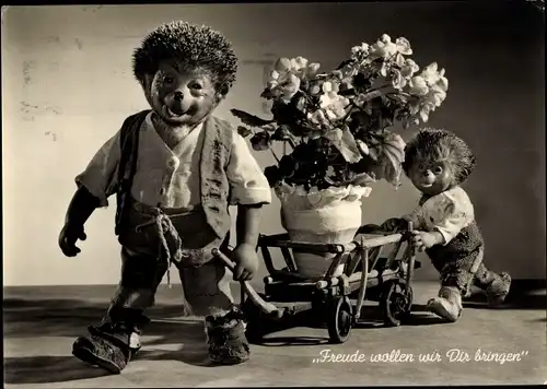 Ak Mecki der Igel, Freude wollen wir Dir bringen, Blumen auf einem Wagen