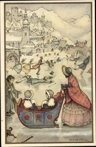 Künstler Ak Pieck, Anton, Ijsvermaak, Eisläufer, Frau mit Schlitten auf dem Eis