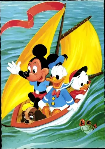 Ak Micky Maus, Donald Duck, Segelboot, Walt Disney