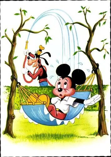 Ak Walt Disney, Mickey Mouse, Goofy, Hängematte, Wasserschlauch
