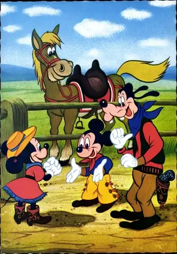 Ak Walt Disney, Mickey Mouse, Micky Maus, Goofy, Minnie, Cowboys
