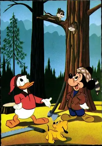 Künstler Ak Walt Disney, Mickey Mouse, Donald Duck, Pluto, Eichhörnchen