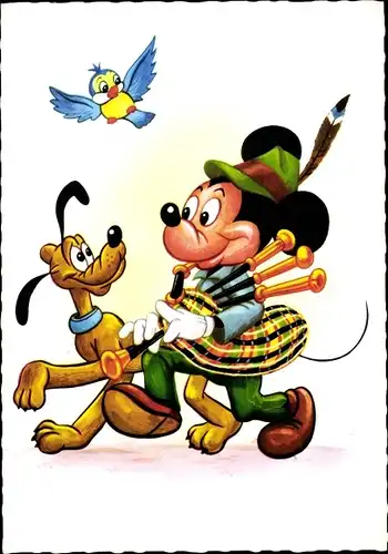 Künstler Ak Walt Disney, Mickey Mouse, Pluto, Dudelsack