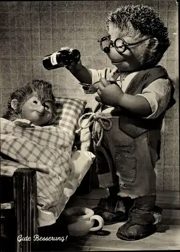 Ak Mecki der Igel, Gute Besserung, Mecki mit Medikament, Krankes Kind