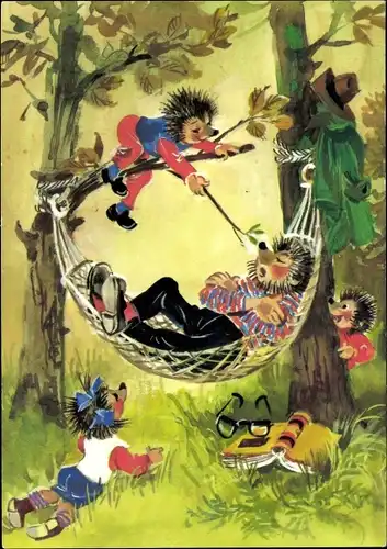 Ak Mecki der Igel, schlafend in Hängematte, Igelkinder