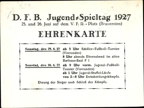Ak DFB Jugend Spieltag 1927, Ehrenkarte, VFR Platz, Brauereien
