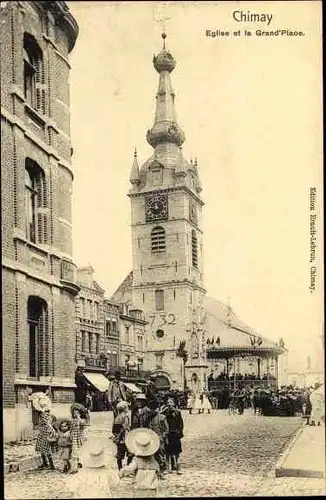 Ak Chimay Wallonien Hennegau, Eglise et la Grand Place, Kirche, Platz, Anwohner, Grand Cafe