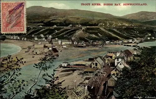 Ak Bonne Bay Newfoundland Neufundland Kanada, Trout River, Blick auf den Ort
