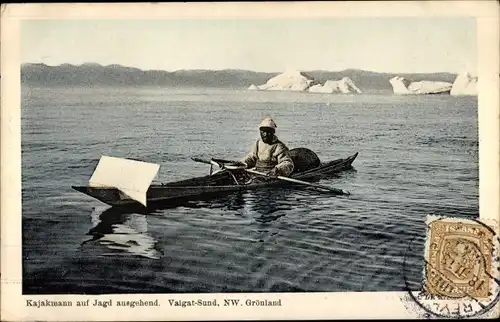 Ak Grönland, Kajakmann auf Jagd ausgehend, Valgat Sund