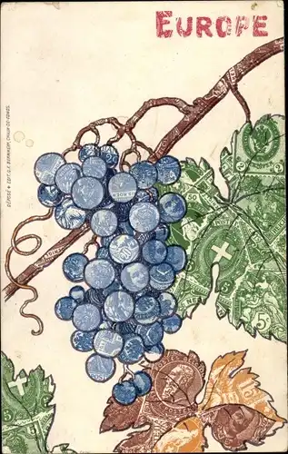 Briefmarken Ak Europee, Weintraube und Blätter, Collage aus Briefmarken