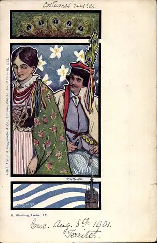 Jugendstil Künstler Litho Wachtel, Wilh., Russisches Paar in Trachten