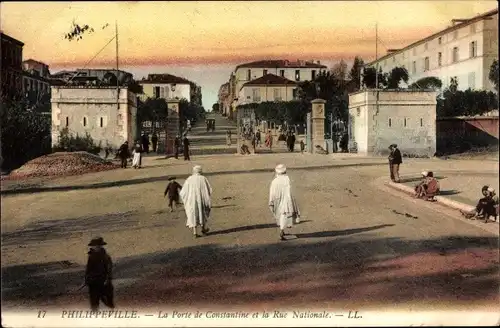 Ak Philippeville Skikda Algerien, La Porte de Constantine et la Rue Nationale