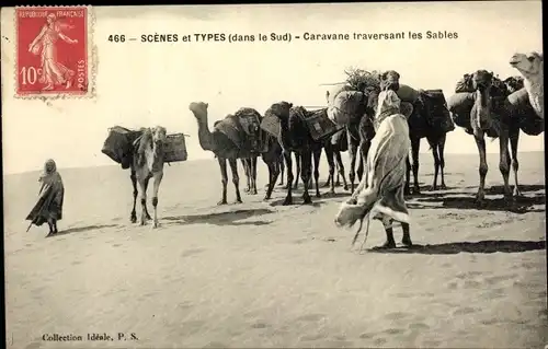 Ak Scenes et Types, Caravane traversant les Sables