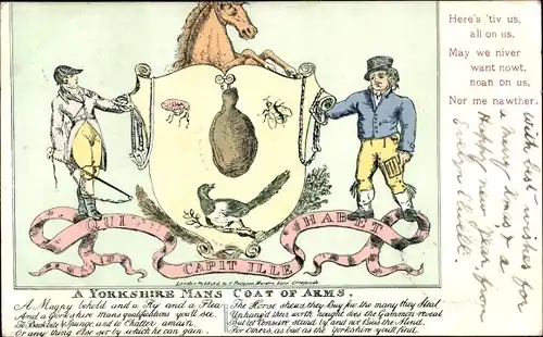 Ak Yorkshire, A Yorkshire Mans Coat of Arms, Pferd, Vogel, Here's 'tiv us, all on us..., Wappen