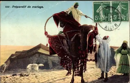 Ak Maghreb, Preparatif de mariage, Braut auf einem geschmückten Kamel, Hund, Zelt