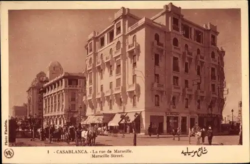 Ak Casablanca Marokko, Blick in die Rue de Marseille, Straßenpartie, Kutsche