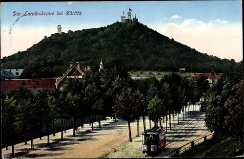 Ak Görlitz in der Lausitz, Landeskrone, Straßenbahn
