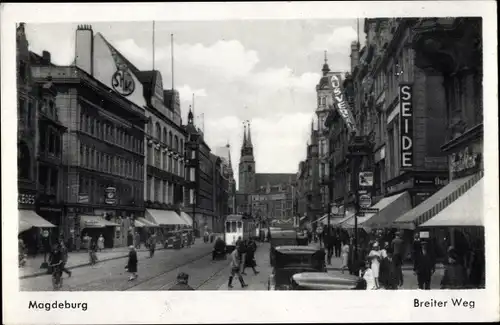 Ak Magdeburg an der Elbe, Breiter Weg, Straßenbahn, Geschäft Seide