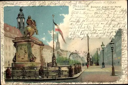 Litho Dresden Neustadt, Denkmal August der Starke und Hauptstraße