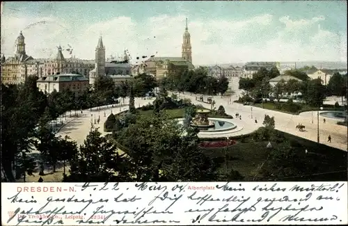 Ak Dresden Neustadt, Albertplatz, Kirche, Straßenbahn, Brunnen
