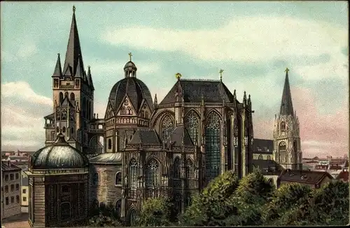 Litho Aachen in Nordrhein Westfalen, Totalansicht vom Dom