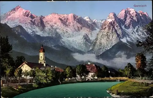 Ak Garmisch Partenkirchen in Oberbayern, Kirche, Gipfel