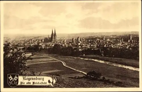 Ak Regensburg an der Donau Oberpfalz, Blick zur Stadt, Kirche, Wappen