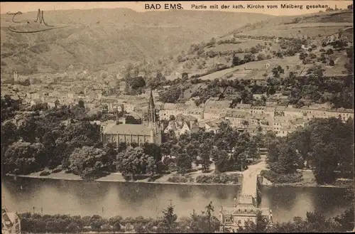 Ak Bad Ems an der Lahn, Partie mit der kath. Kirche vom Maiberg gesehen