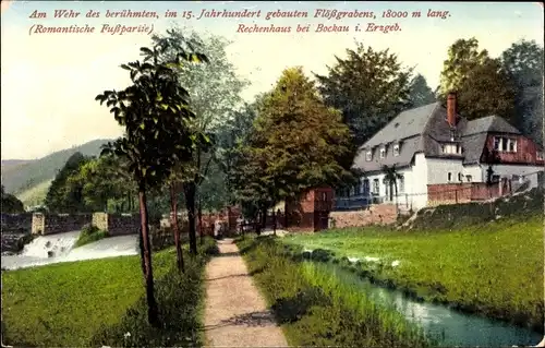 Ak Rechenhaus Bockau im Erzgebirge, am Wehr des Flößgrabens