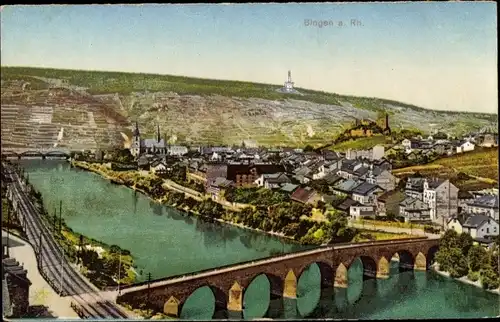 Ak Bingen am Rhein, Panorama mit Rhein und Brücke