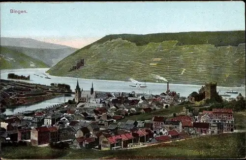 Ak Bingen am Rhein, Panorama mit Rhein, Ruine