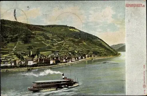 Ak Assmannshausen Rüdesheim am Rhein, Panorama, Schiff